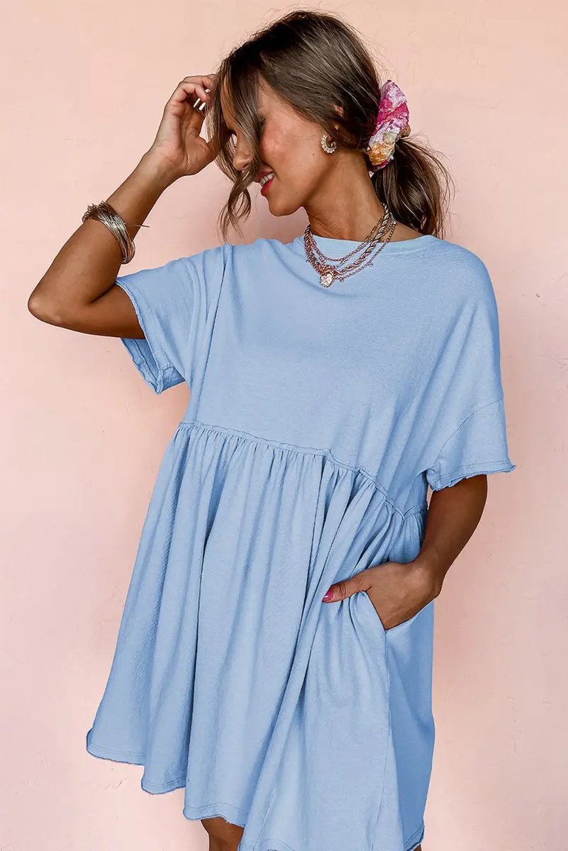 Sky Blue Solid Color Pocketed Raw Edge Babydoll Dress - Love Salve